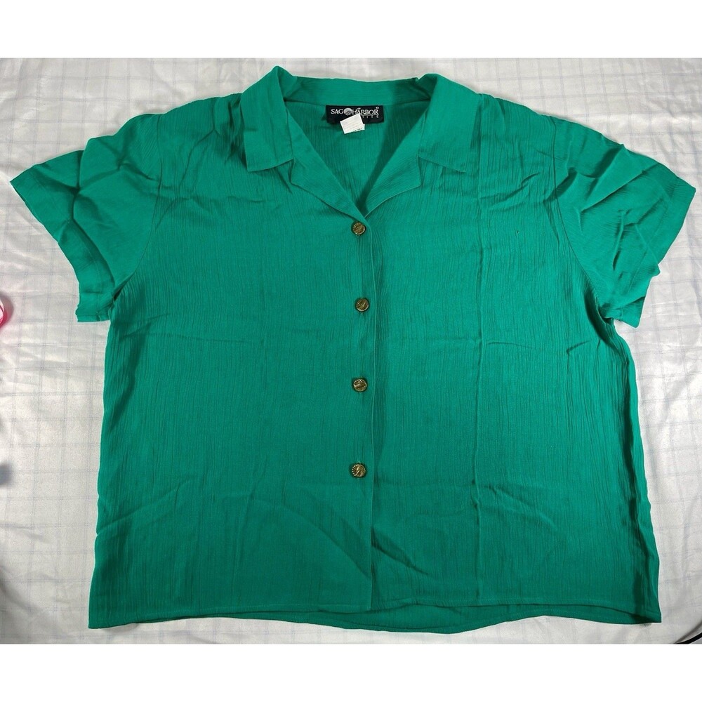Sag Harbor Petite Blouse Womens Medium Green Rayon Button Up Short Sleeve